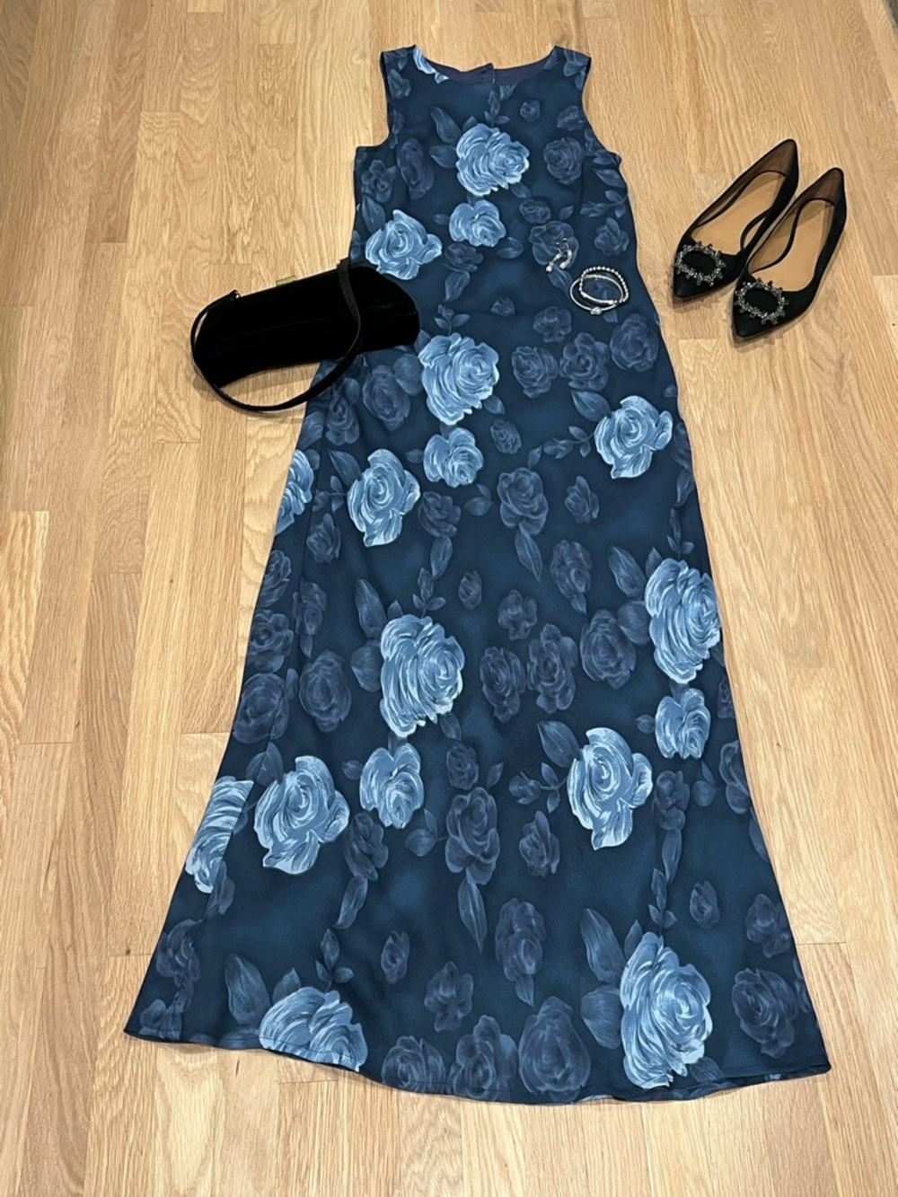 Johnnie M Blue Rose Print Maxi Dress Size 4 Sleeveless Formal Dress